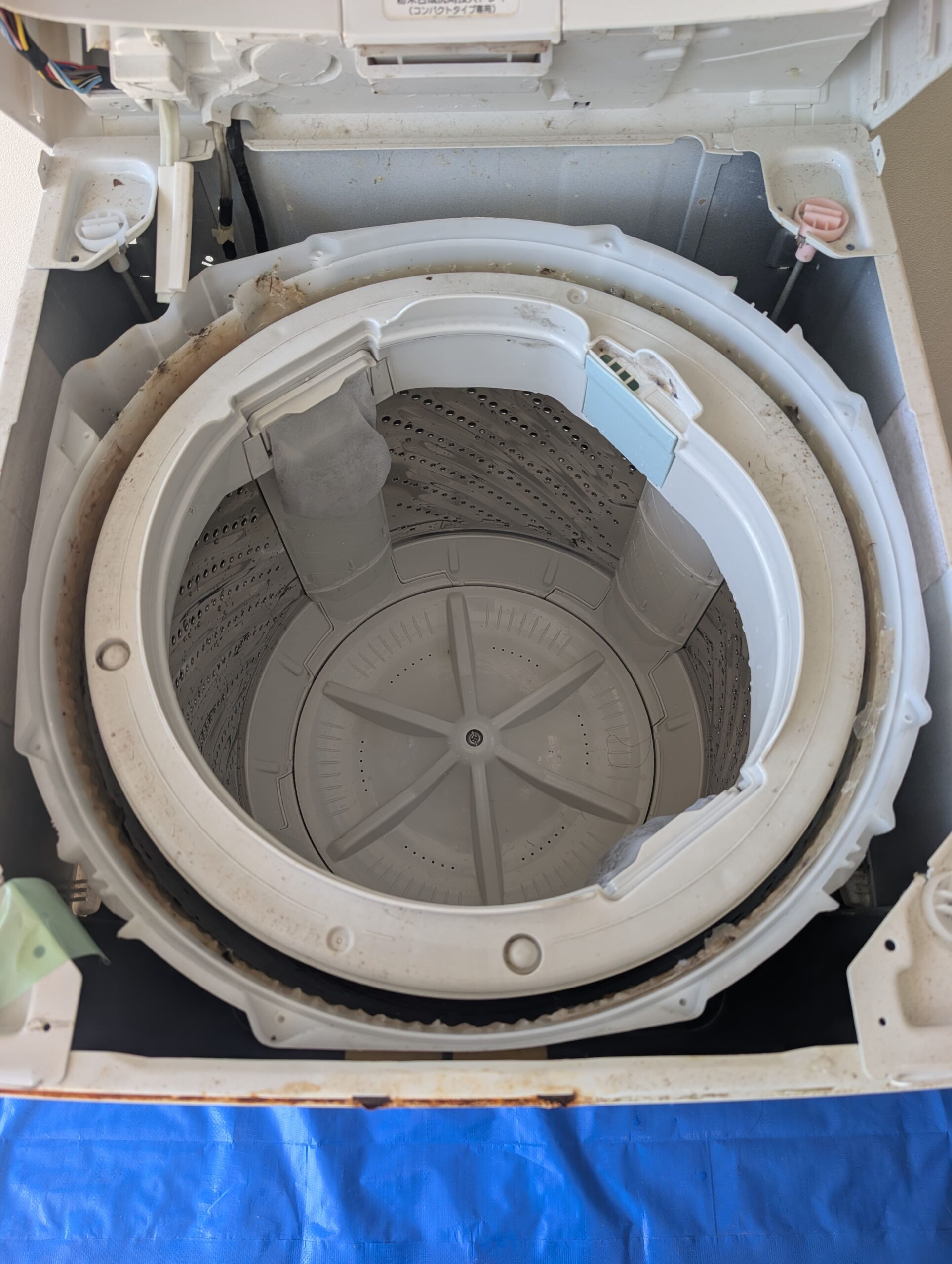 縦型洗濯機のふたを開けた分解作業の様子